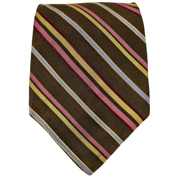 J CREW VINTAGE MEN'S 100% SILK BROWN/GOLD/PINK WHITE STRIPED NECK TIE - Picture 1 of 8
